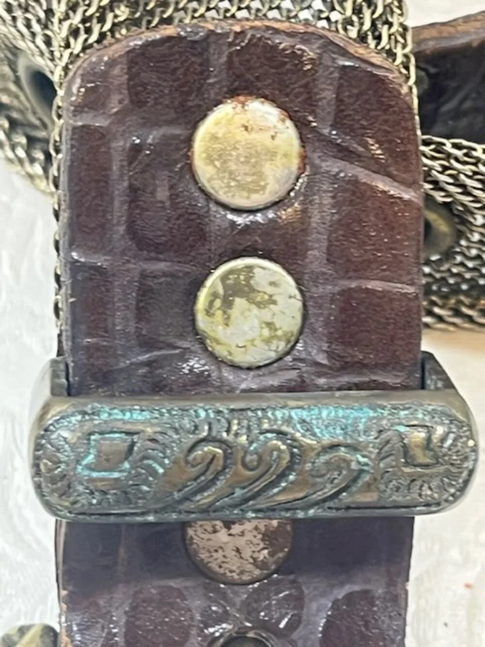 VTG Sand Castle New York Metal Mesh Leather Belt Western Brass Buckle Studs 32 M